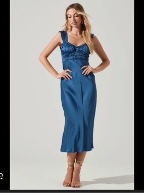 Astr Blue Enola satin smocked midi dress